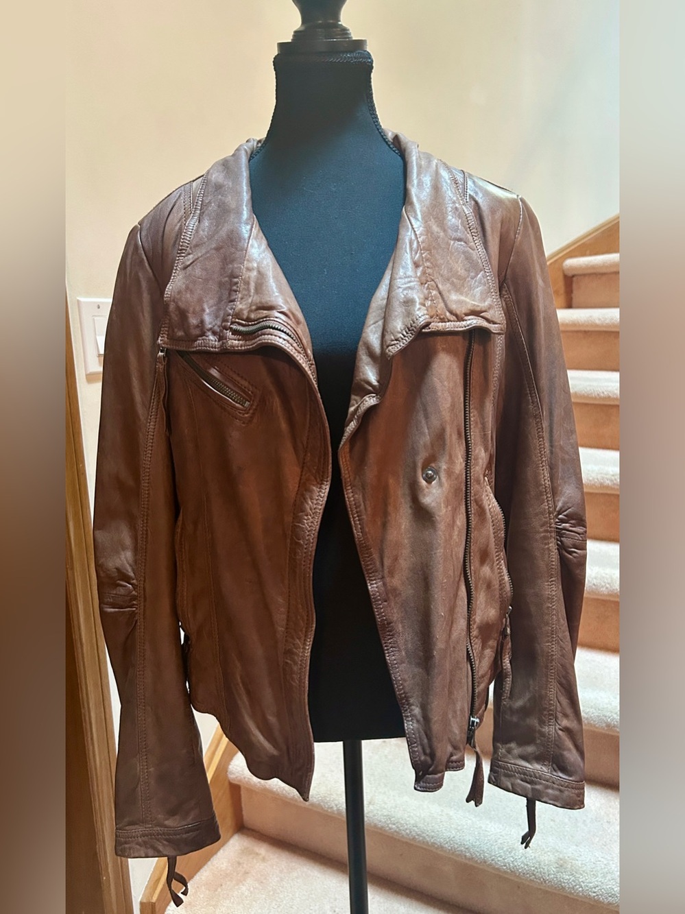 Danier Brown Leather Draped Biker Moto Jacket, 1990s Vintage